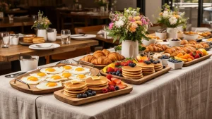 Brunch buffet spread with eggs and pancakes – The Skillet NJ
