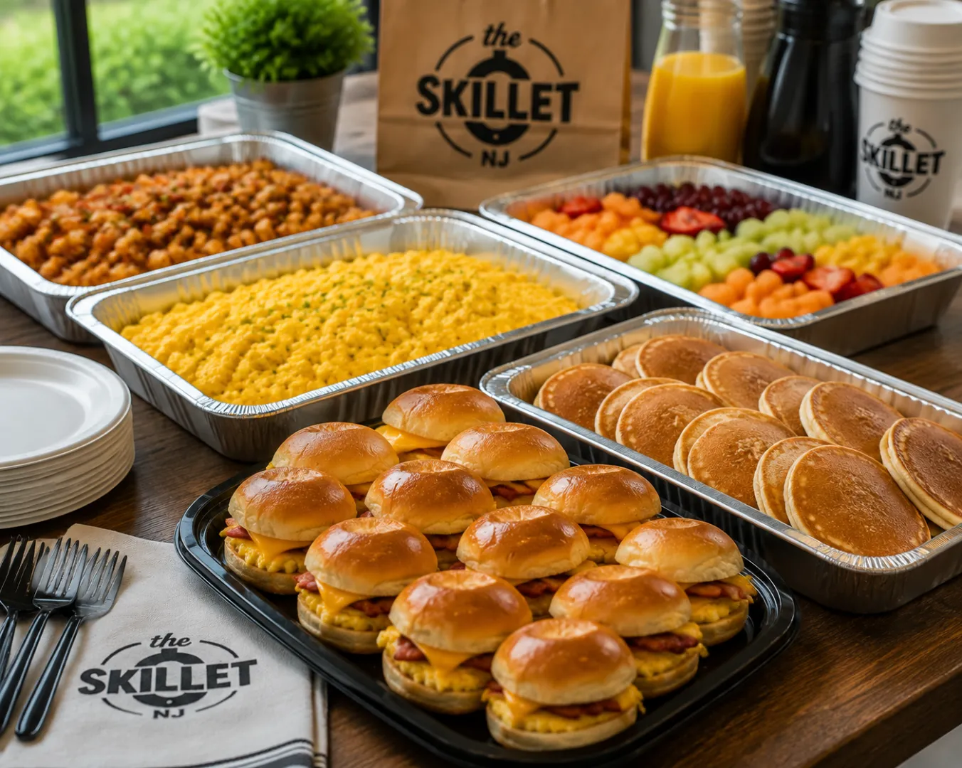 Breakfast catering spread with egg sliders, pancakes, potatoes, and fresh fruit from The Skillet NJ