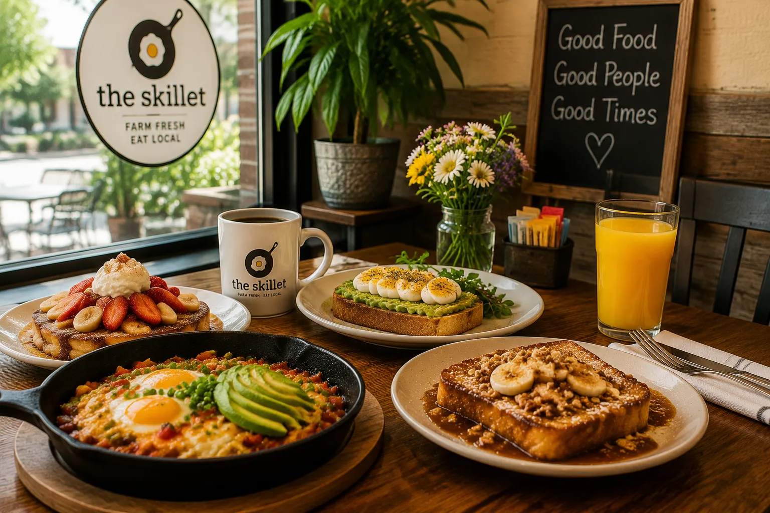 Breakfast dishes and coffee at The Skillet NJ with a warm community dining atmosphere.
