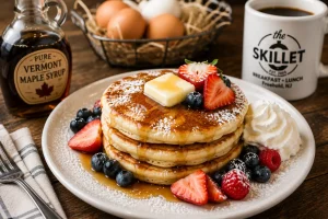 Classic pancakes with Vermont maple syrup, berries, whipped cream, and farm fresh eggs.