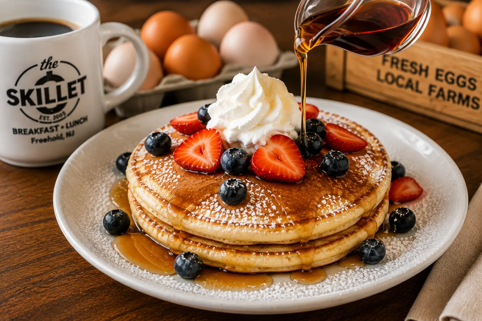 Classic pancakes with Vermont maple syrup, berries, whipped cream, and farm fresh eggs.
