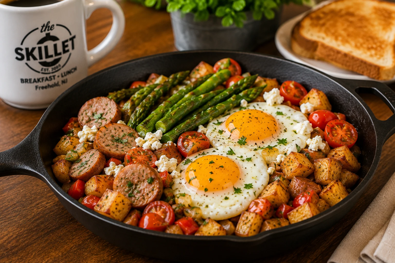 Farm skillet with eggs, asparagus, potatoes, tomatoes, sausage, and feta