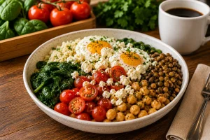 Fresh breakfast bowl with eggs, spinach, tomatoes, lentils, chickpeas, and feta.