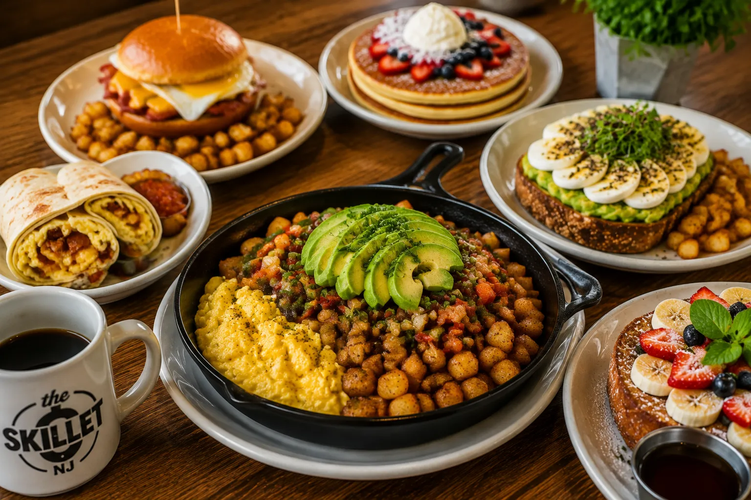 Fresh breakfast dishes including skillets, pancakes, toast, and sandwiches at The Skillet NJ