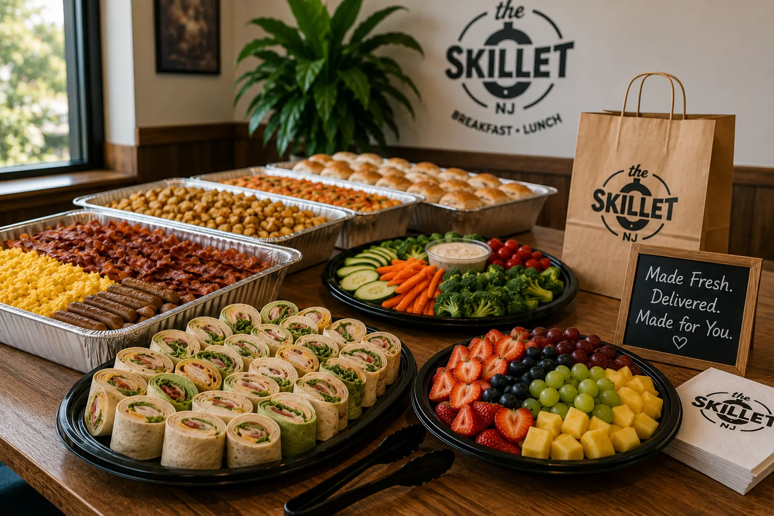 Fresh catering spread with breakfast trays, wraps, fruit, and vegetables from The Skillet NJ