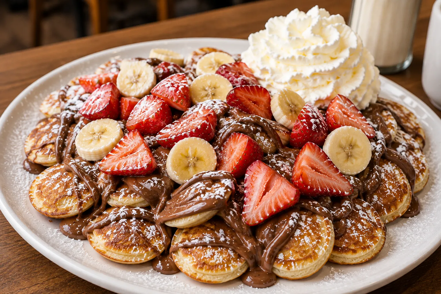 Poffertjes with Nutella, strawberries, bananas, and whipped cream