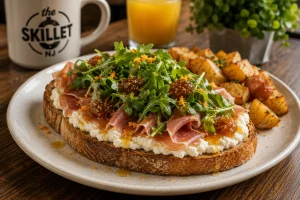 Prosciutto Ricotta Toast with fig jam and orange zest at The Skillet NJ