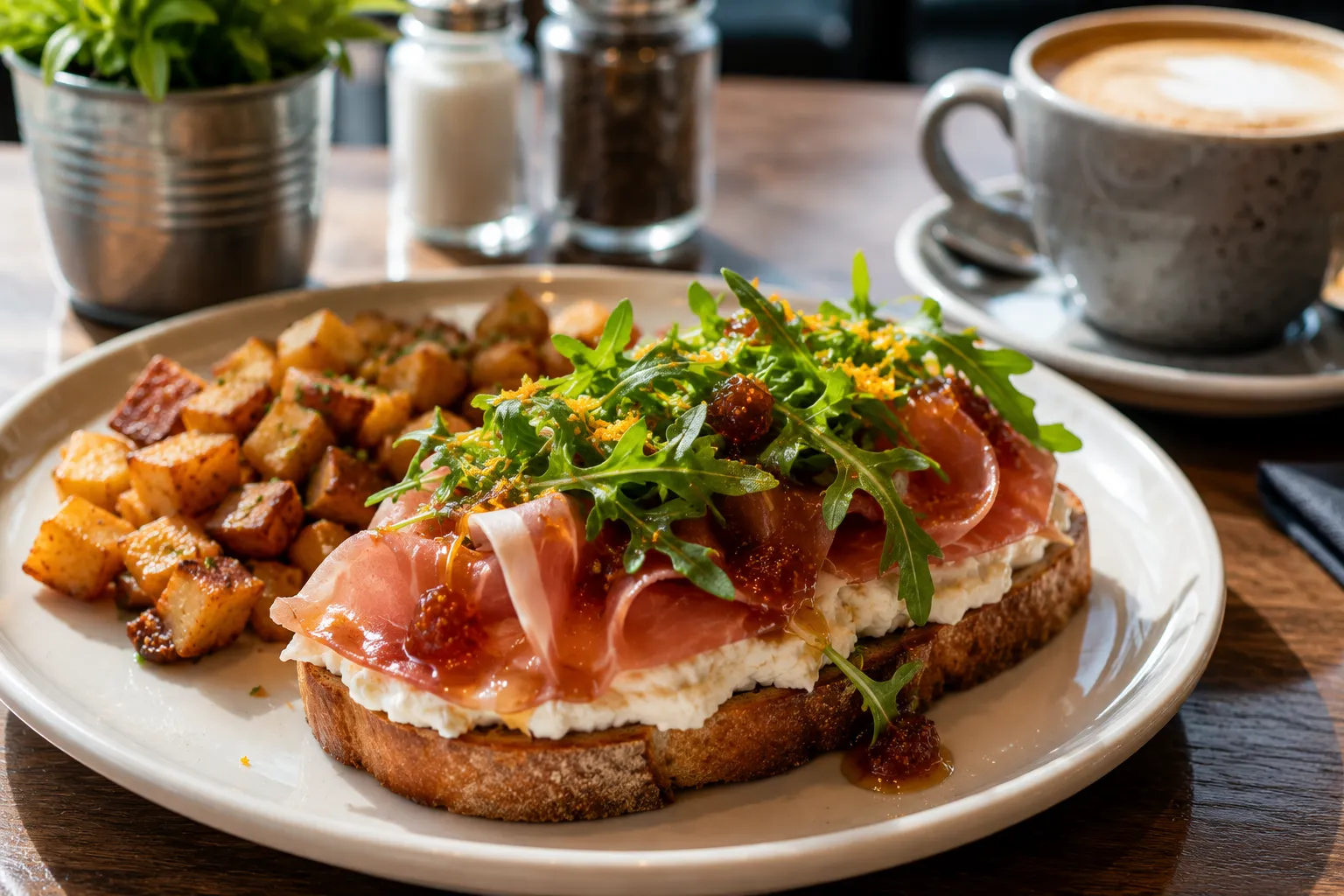 Prosciutto ricotta toast with arugula, fig jam, and breakfast potatoes