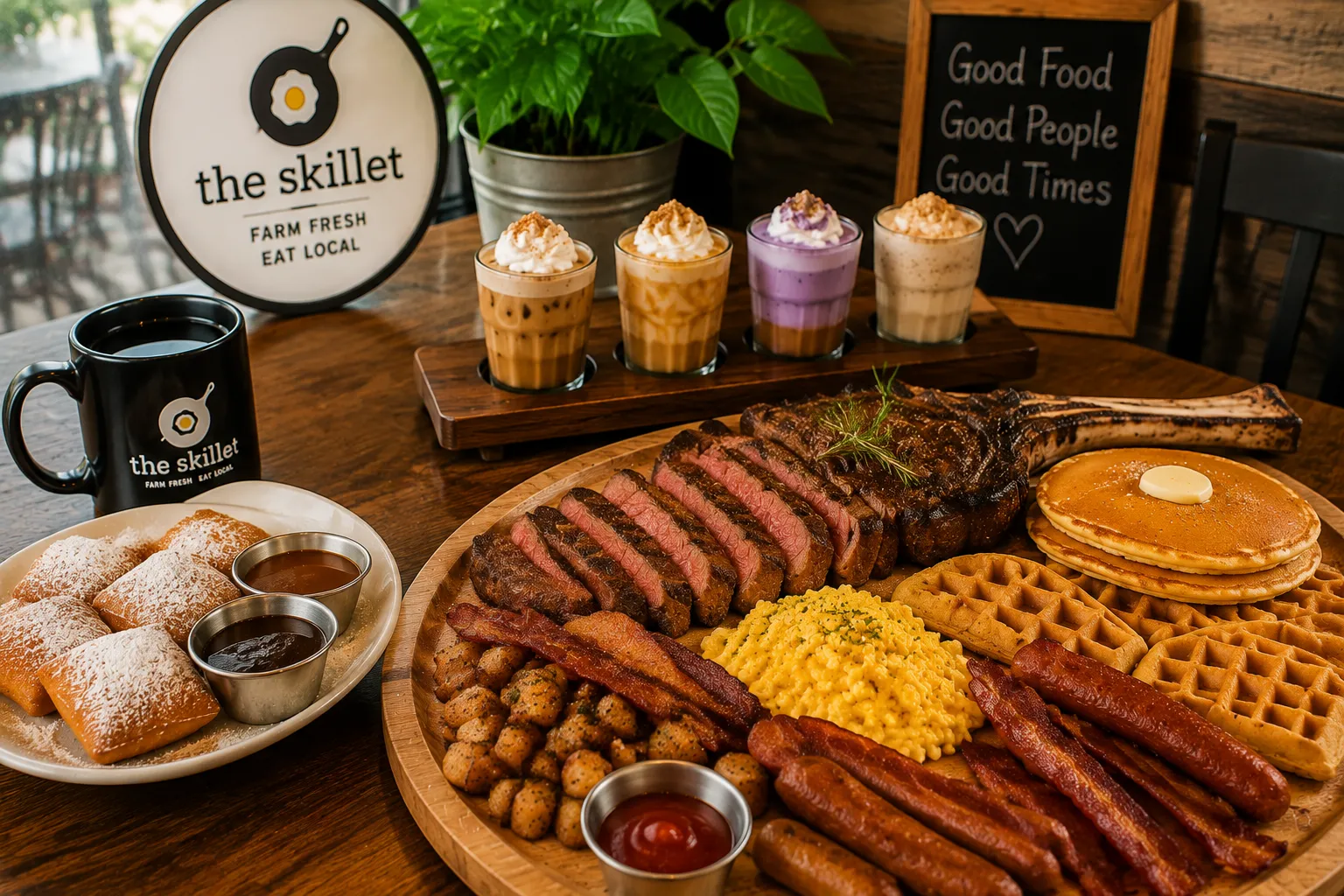 The Skillet NJ breakfast spread with steak, pancakes, waffles, beignets, and coffee drinks.