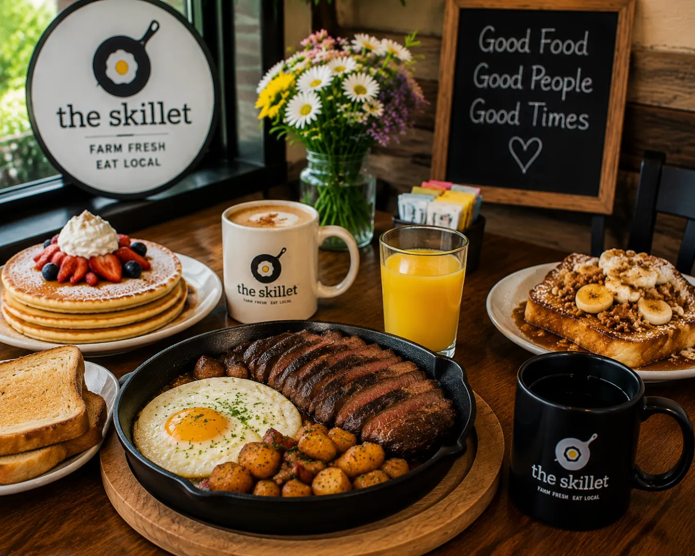 The Skillet NJ breakfast with steak, eggs, pancakes, French toast, and coffee in a cozy dining setting.