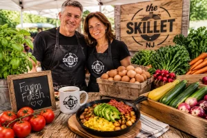 Sal and Nancy, owners of The Skillet NJ, with local Freehold ingredients