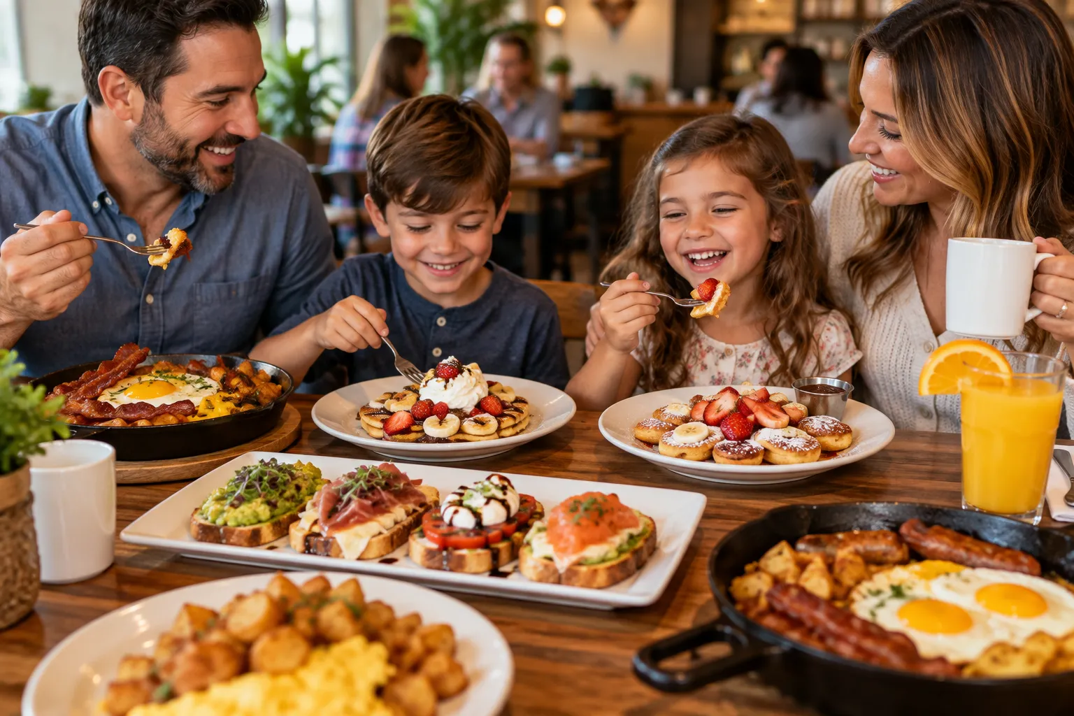 Family enjoying farm fresh cast iron skillet breakfast at The Skillet NJ Freehold NJ near Howell New Jersey