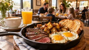 Steak and eggs cast iron skillet with breakfast potatoes and toast at The Skillet NJ in Freehold New Jersey