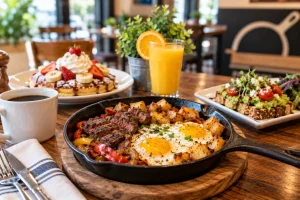 Steak and eggs skillet with breakfast potatoes and toast at The Skillet NJ in Freehold New Jersey